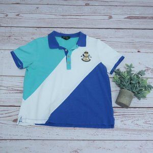 VTG Lauren Ralph Lauren Polo Womens Shirt Large Crest Blue White Striped Rugby